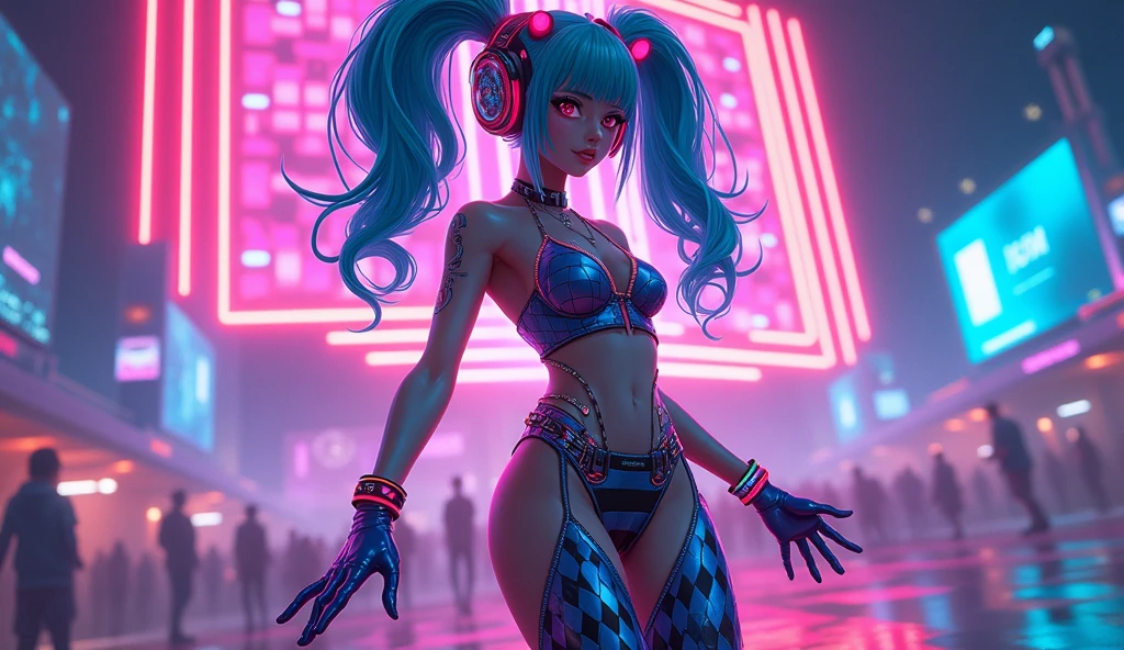 Create an anime-style female character inspired by a Harlequin theme with an EDM twist. Her costume should blend vibrant, neon colors with the classic diamond patterns of a Harlequin. Think electric blue, neon pink, and glowing purple. Incorporate futuristic elements such as LED lights and holographic materials into her outfit. She should wear a playful, asymmetrical outfit with a mix of high-tech accessories like neon bracelets, glowing earbuds, and a high-tech visor or mask. Her hair can be styled in bold, dynamic shapes, perhaps with glowing streaks or neon highlights. Include EDM-themed elements like soundwave patterns or digital effects in the background to enhance the electronic music vibe. The character should exude energy and excitement, reflecting the lively atmosphere of an EDM festival