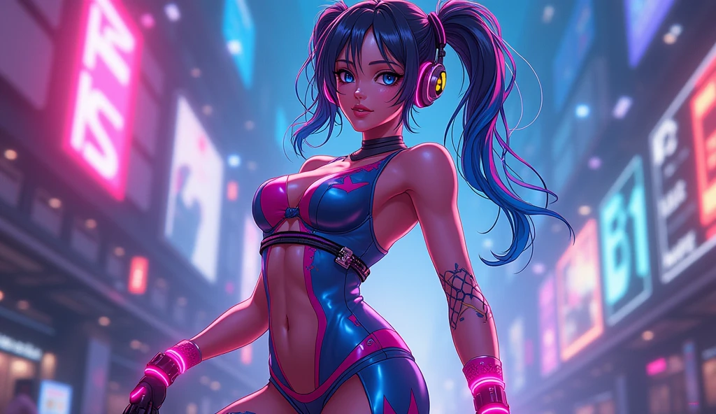 arafed woman, Selena Gomez, sitting on a counter with a pair of roller skates, pink neon lights, pink vibe, inspired by David LaChapelle, with neon lights, thick neon lights, neon lit, neon vibes, with neon signs, neon lights and adds, neon lights in the background, pink body, fashion neon light, carmen electra, candy girl, bubblegum body Captured from behind