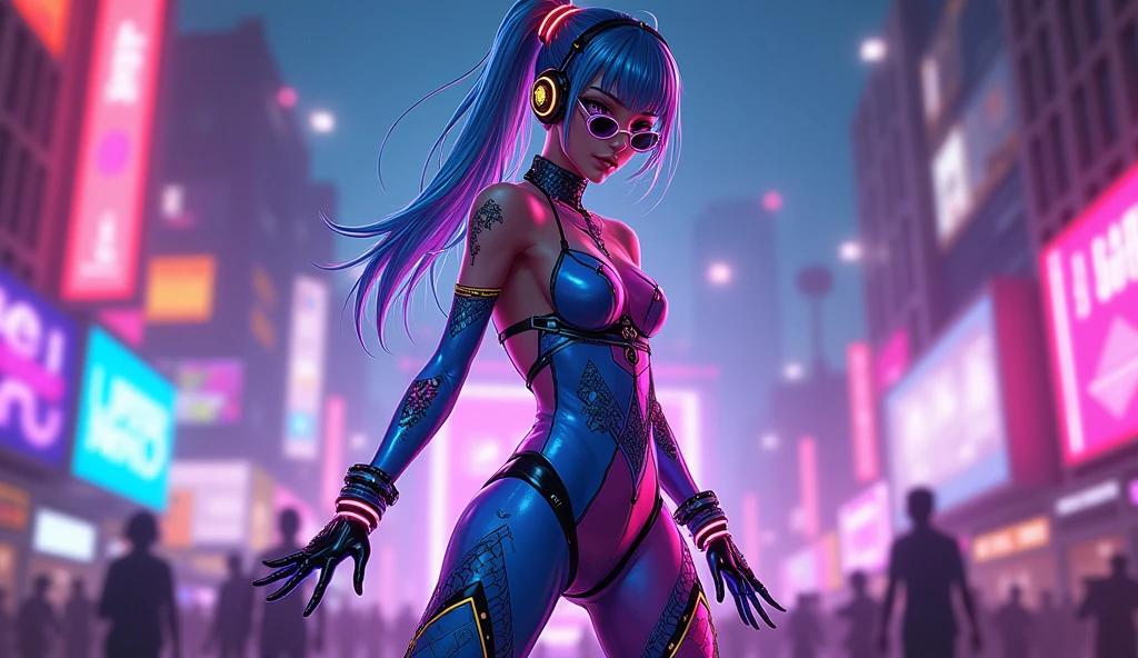 Create an anime-style female character inspired by a Harlequin theme with an EDM twist. Her costume should blend vibrant, neon colors with the classic diamond patterns of a Harlequin. Think electric blue, neon pink, and glowing purple. Incorporate futuristic elements such as LED lights and holographic materials into her outfit. She should wear a playful, asymmetrical outfit with a mix of high-tech accessories like neon bracelets, glowing earbuds, and a high-tech visor or mask. Her hair can be styled in bold, dynamic shapes, perhaps with glowing streaks or neon highlights. Include EDM-themed elements like soundwave patterns or digital effects in the background to enhance the electronic music vibe. The character should exude energy and excitement, reflecting the lively atmosphere of an EDM festival