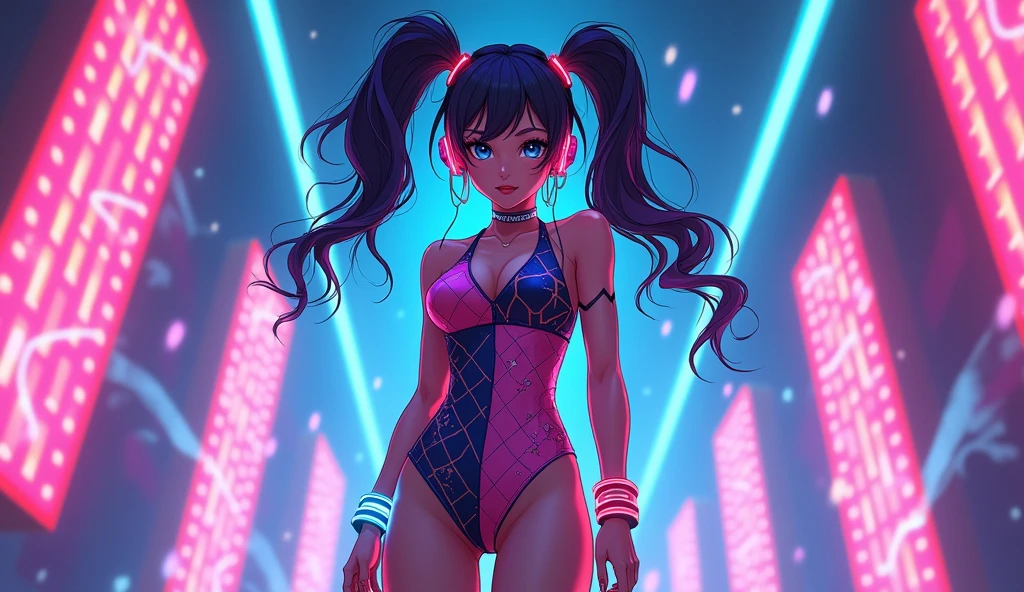 Create an anime-style female character inspired by a Harlequin theme with an EDM twist. Her costume should blend vibrant, neon colors with the classic diamond patterns of a Harlequin. Think electric blue, neon pink, and glowing purple. Incorporate futuristic elements such as LED lights and holographic materials into her outfit. She should wear a playful, asymmetrical outfit with a mix of high-tech accessories like neon bracelets, glowing earbuds, and a high-tech visor or mask. Her hair can be styled in bold, dynamic shapes, perhaps with glowing streaks or neon highlights. Include EDM-themed elements like soundwave patterns or digital effects in the background to enhance the electronic music vibe. The character should exude energy and excitement, reflecting the lively atmosphere of an EDM festival