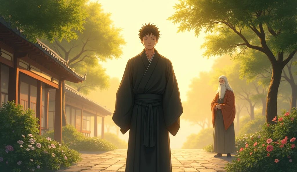 Hiro ( a boy), now more confident and serene, stands in the temple garden at dawn, practicing a meditation technique he learned from Master Koji. His dark robe is neatly tied, and his posture is steady and calm. The early morning light bathes the garden in a soft glow, and the trees and flowers around him are vibrant with life. Koji, with his long white hair and beard, watches from a distance, a proud and gentle smile on his face. The scene symbolizes Hiro’s growth and the peace he has found