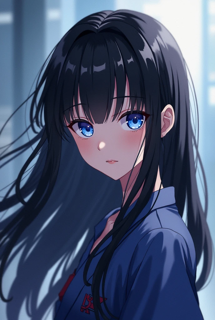Girl with bright blue eyes, Bblack hair, skin fair, アニメ, estilo Jujutsu Kaisen, lightly
