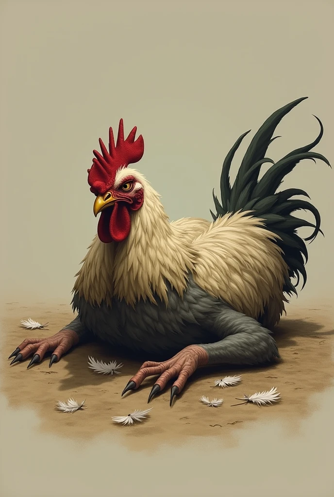 The ill rooster lying on the ground