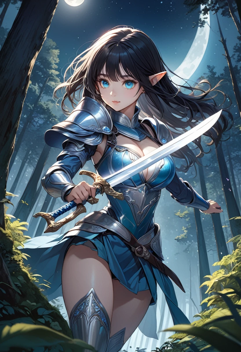 detailed illustration, dynamic angle, ultra-detailed, illustration, 1girl, elf, long straight black hair, teal eyes, bright eyes, detailed eyes, blue silver armor, , thighs, silver sword, moonlight, forest, night, moon, stars,