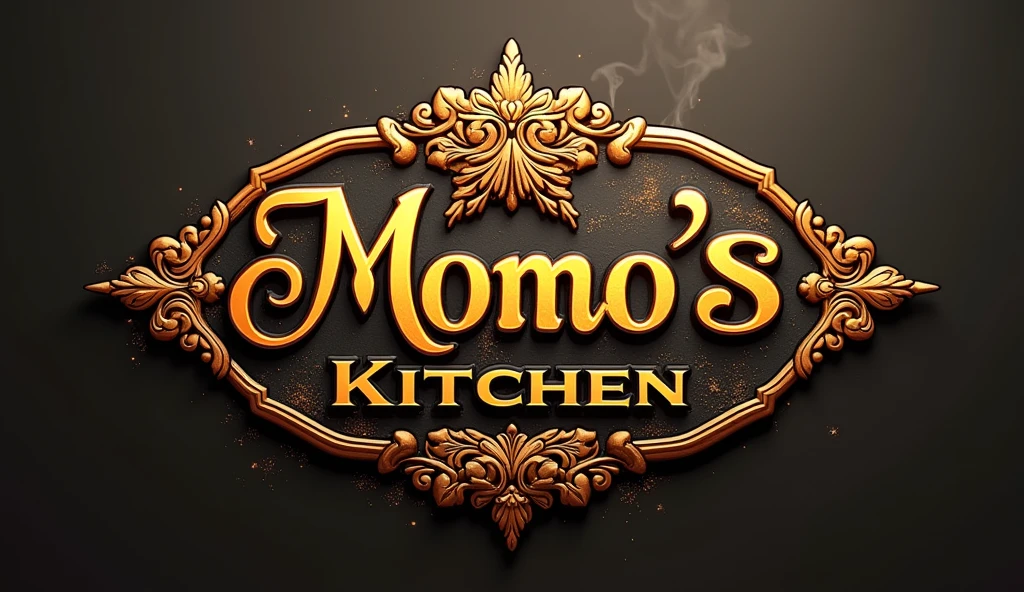 a detailed photorealistic logo of "Momo's Kitchen", pakistani style cuisine, female style, high quality 8k, food-themed, detailed calligraphy styled text, warm color palette, appetizing ingredients, steam or smoke effects, intricate patterns, detailed pakistani ornamental elements, natural textures, dynamic composition