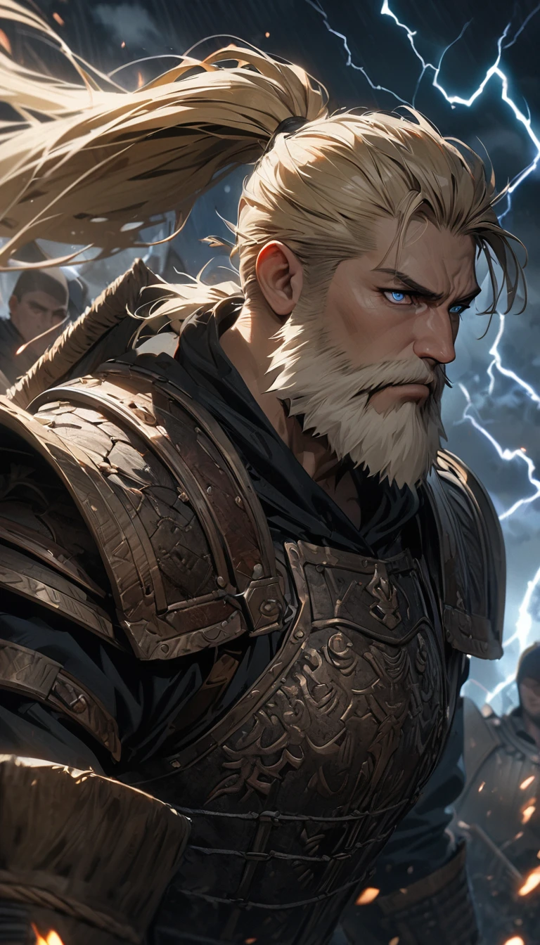 adult male, long blonde hair, high ponytail, blue eyes, beard, old Russian Bogatyrs armor, Russian warrior, shield, lightning, Masterpiece, best quality, Full HD, 8k, ultra details, great graphic