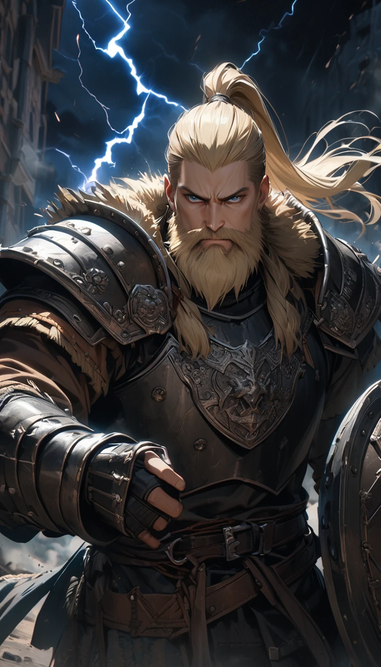 adult male, long blonde hair, high ponytail, blue eyes, beard, old Russian Bogatyrs armor, Russian warrior, shield, lightning, Masterpiece, best quality, Full HD, 8k, ultra details, great graphic