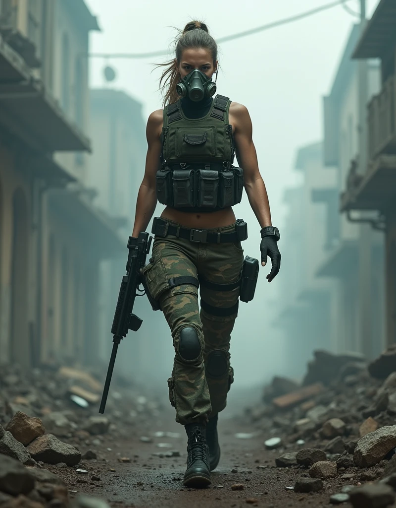 (Photorealism:1.2), sexy armed woman, A female soldier wearing a gas mask patrols a fog-filled ruin.