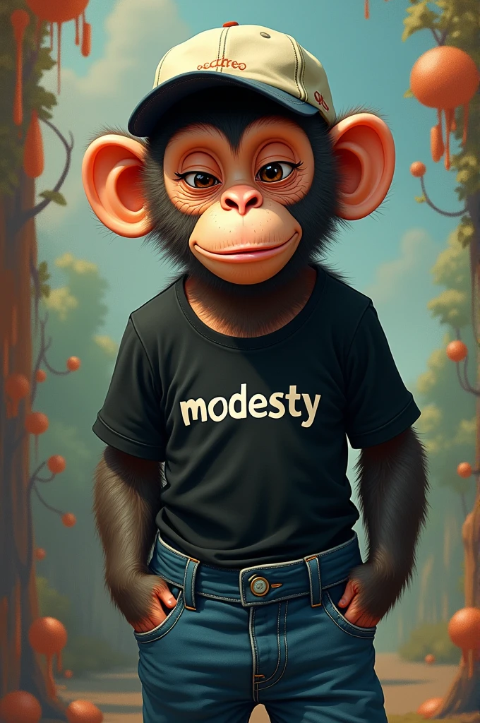 An image that has these characteristics, character a monkey and have a cap "that is set to the opposite" in the head, that she wears a black low-cut T-shirt and in the middle of the low-cut T-shirt she has the name "modesty", of pants a jean, the background that marks something creative