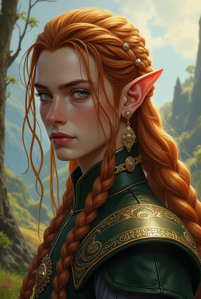 high elf, masculine, long braided hair with ornaments, copper color with a golden blonde streak, freckles on the face, ear ornaments, silver eyes
