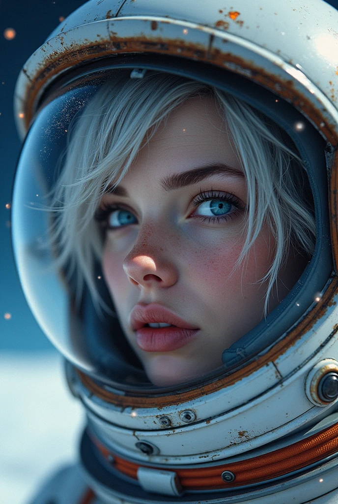 (Close-up of a better masterpiece:1.5)0.9], (space and astronauts:1.2) (messy silver hair:1.1) (Heterochromia xanthelasma and blue eyes:1.2) (space helmet:1.0) (colored stars in the snow:1.0) (shining light:1.1) (thick lips:0.9)