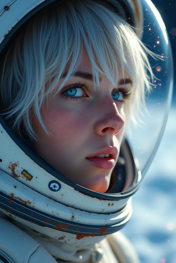 (Close-up of a better masterpiece:1.5)0.9], (space and astronauts:1.2) (messy silver hair:1.1) (Heterochromia xanthelasma and blue eyes:1.2) (space helmet:1.0) (colored stars in the snow:1.0) (shining light:1.1) (thick lips:0.9)