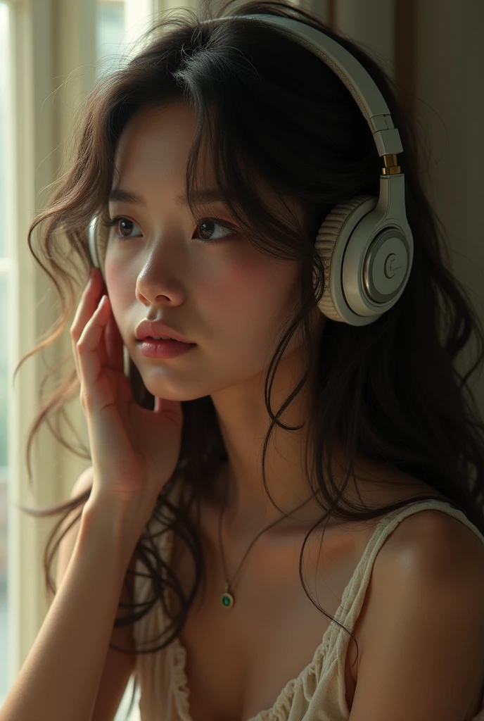 Create a thumbnail for LOFI song of beautiful girl pensive mood headphones 🎧 on.her head thinking 🤔