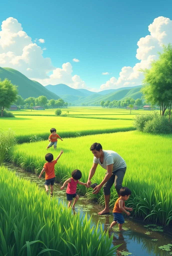 Young Parents working in paddy field where kids are playing
