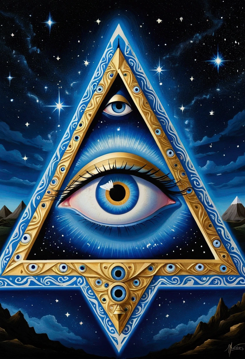 A painting depicting a golden triangle、Drawing of blue eyes and stars, Surrealism by Cedric Salt (Keos Masons), tumblr, Psychedelic Art, All-Seeing Eye, All-Seeing Eye, the Eye of Providence, Eye of Providence, ( All-Seeing Eye ), The Third Eye睛, mystical The Third Eye睛, Mysterious Eye, The Third Eye, Eye of the Illuminati, opening The Third Eye睛