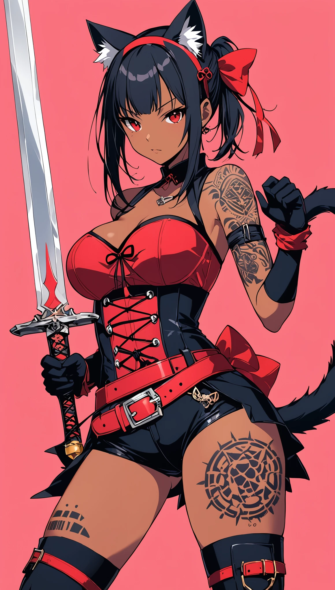sinozick stylem,zhaoyebai zenless_zone_zero nekomiya_mana chinese_commentary clip_studio_paint_(medium) photoshop_(medium) 1girl animal_ear_fluff animal_ears arm_strap attack_trail barcode barcode_tattoo bare_shoulders belt belt_pouch black_gloves black_hair black_shorts black_thighhighs blue_background blurry boots bow breasts cameltoe cat_ears cat_girl cat_symbol cat_tail corset covered_navel cowboy_shot dark-skinned_female dark_skin depth_of_field detached_sleeves dual_wielding elbow_gloves facial_mark fingerless_gloves forehead_mark forehead_tattoo gloves hair_bow hairband holding holding_sword holding_weapon knee_boots leotard looking_to_the_side motion_lines multiple_tails parted_bangs pink_background ponytail pouch red_belt red_bow red_corset red_eyes red_hairband red_leotard red_sleeves seal_impression shorts skindentation slashing solo standing sword tail tattoo thighhighs triangle_facial_mark two_tails weapon web_address zettai_ryouiki