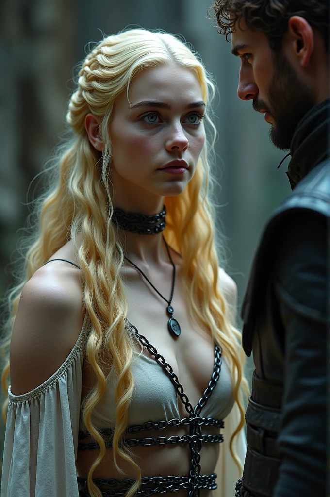 A blonde woman with golden threads, 20 year, Sansa Stark style, chained, chains holding your neck, legs and arm, standing.
In front of him a 30 year old man, strong and tall style Jhon snow.
The young woman has one blue eye and one red eye
