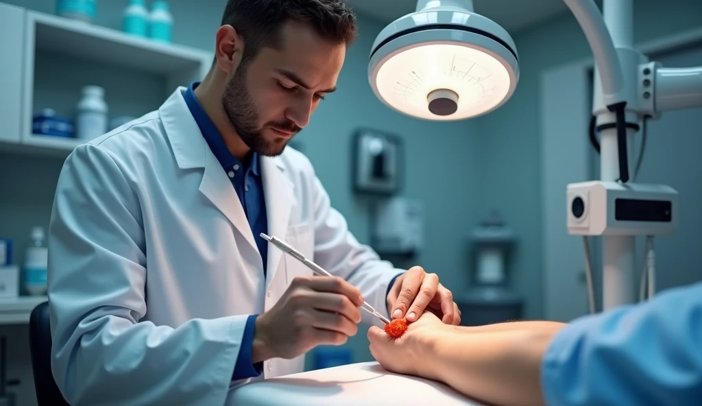 Sports medicine physician using a large-gauge needle for joint fluid aspiration