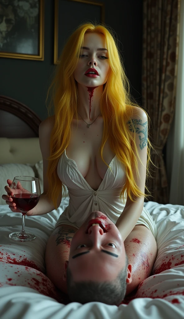 4k, realistic beautiful white skin asian pretty vampire woman, long sharp black shiny fingernails, wearing sexy outfit, holding glass of blood, looking at camera, big necklace, long earring, very long white hair, sitting on ugly old man wearing sleep ware on the bed, throat ripped, blood splatter, extreme gore, sex pose, sex, luxury hotel room, big windows, tokyo,