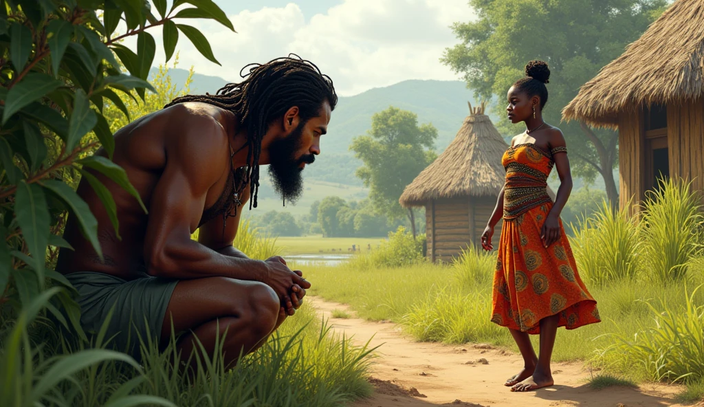 An African hunter out of curiosity bending behind a bush to see some young African lady in African village clothes