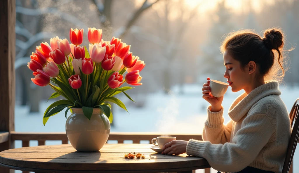 Elevate your winter mornings with a charming bouquet of tulips on your veranda table. Sip your tea while enjoying the vibrant colors and peaceful ambiance of the season.