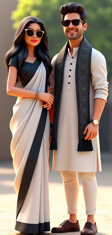 "A stylized 3D illustration of a fashionable couple standing side by side, exuding confidence and style. The woman is wearing a traditional white saree with black borders, complemented by black blouse, stylish sunglasses, and a watch. Her hair is wavy and flows gracefully, adding to her elegant appearance. The man beside her is dressed in a modern white kurta paired with a patterned black scarf, sunglasses, and a watch. Both have a trendy, contemporary look with youthful charm, against a blurred outdoor background, creating a perfect blend of tradition and modernity."