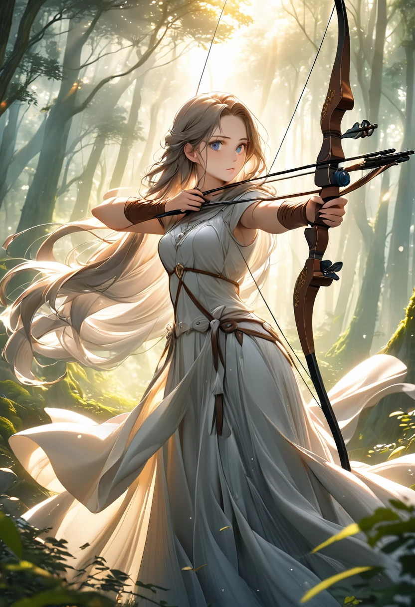 Beautiful female archer, holding a bow, Delicate face, beautiful eyes, Detailed facial features, Flowing long hair, Elegant Posture, Fantasy Landscape, Dense forest, Sunlight through the trees, Soft tones, Dramatic Lighting, Film composition, number, Extremely detailed, (best quality,4K,8K,high resolution,masterpiece:1.2),Extremely detailed,(Practical,photoPractical,photo-Practical:1.37)