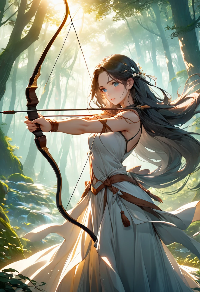 Beautiful female archer, holding a bow, Delicate face, beautiful eyes, Detailed facial features, Flowing long hair, Elegant Posture, Fantasy Landscape, Dense forest, Sunlight through the trees, Soft tones, Dramatic Lighting, Film composition, number, Extremely detailed, (best quality,4K,8K,high resolution,masterpiece:1.2),Extremely detailed,(Practical,photoPractical,photo-Practical:1.37)