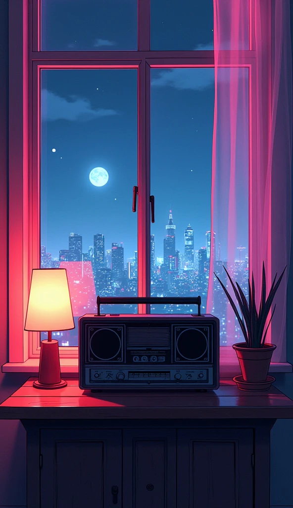 there is a radio sitting on a table in front of a window, synthwave aesthetic, lofi artstyle, lofi hip hop, lofi aesthetic, cyberpunk atmosphere, lofi vibes, synthwave style, synthwave, synthwave art, lofi art, synthwave art style, retrowave atmosphere, 8 0 s anime vibe, chillhop, cyberpunk vibes Vibrant color anime style --ar 4:3 --niji 6