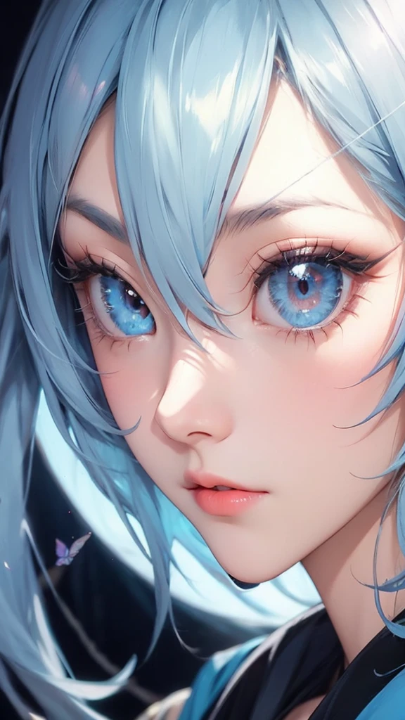 an anime character with long white hair and a sword,in a forest,a sense of adventure,friends,asia, weapon, butterfly, sword, long hair, bug, hair ornament, blue eyes, sitting, butterfly hair ornament, flower, white hair, dress, aerial shot, bright color grading, light leaks, epic fantasy(Hair style:1.5)(detailed landscape:0.6)(feminim:1.2)(hand detailed:0.2)(background masterpiece:0.1)