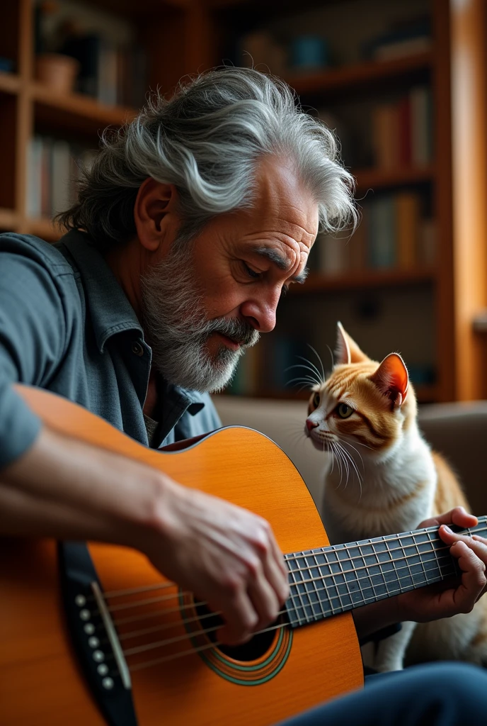 make a 40 year old man playing guitar in his living room with his cat watching him play extremely detailed, realistic, photorealistic, high quality, 4K, 8k, head of&#39;artwork, ultra detailed, Couleurs vives, HDR, studio d&#39;lighting, sharpness, physical rendering. portrait professionnel