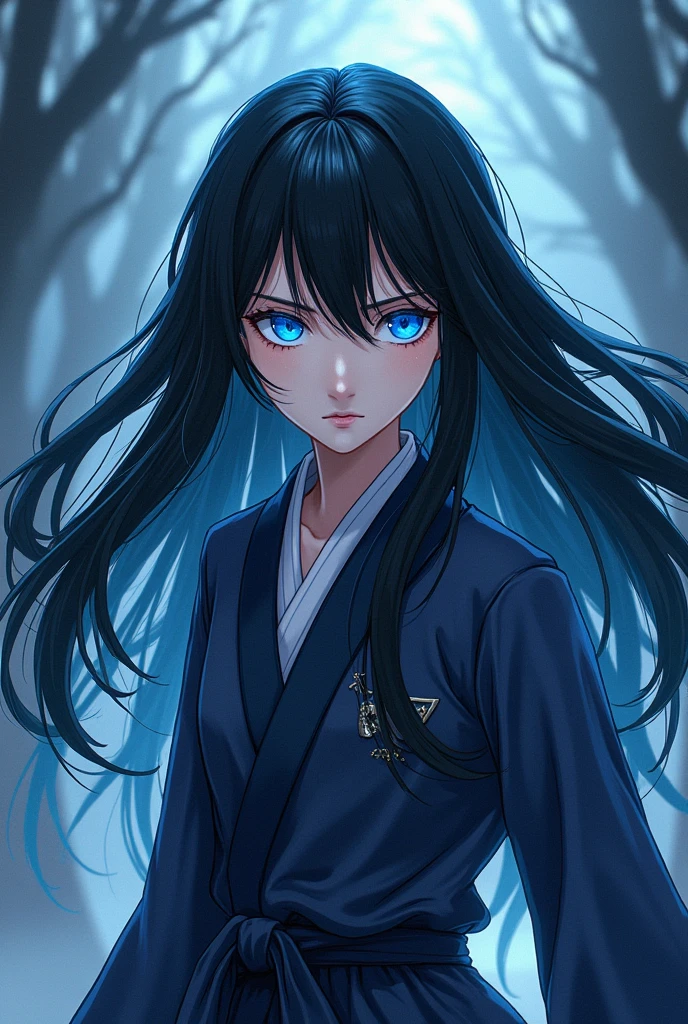 Girl with bright blue eyes, Bblack hair, skin fair, アニメ, estilo Jujutsu Kaisen, grappling
