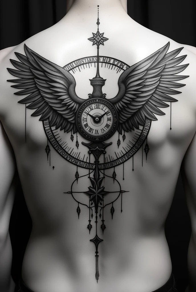 4-Wing tatoo with clock and rune words for man