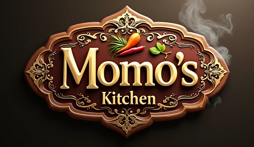 a detailed photorealistic logo of "Momo's Kitchen", pakistani style cuisine, female style, high quality 8k, food-themed, detailed calligraphy styled text, warm color palette, appetizing ingredients, steam or smoke effects, intricate patterns, detailed pakistani ornamental elements, natural textures, dynamic composition