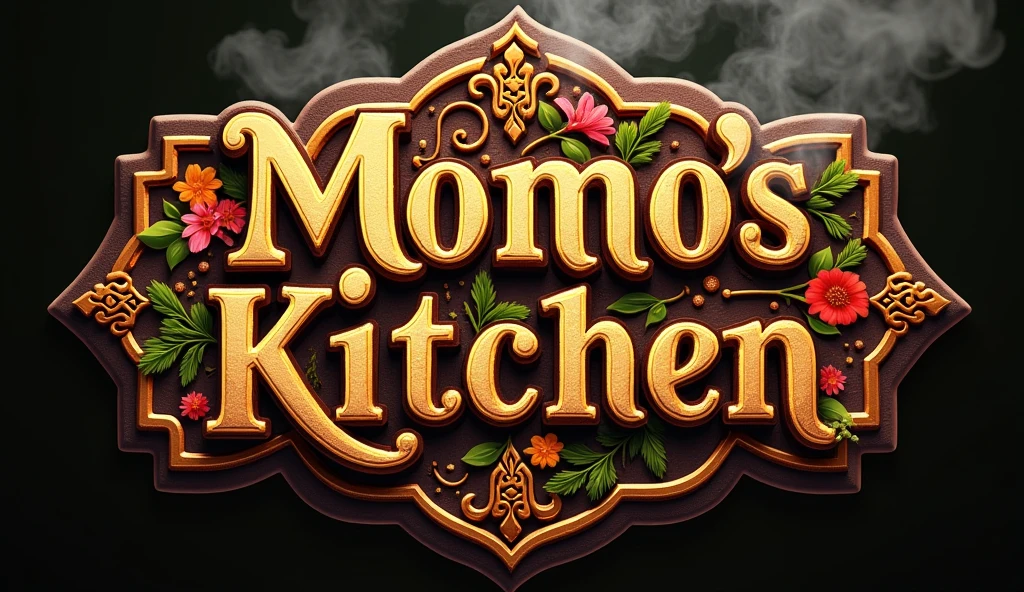 a detailed photorealistic logo of "Momo's Kitchen", pakistani style cuisine, female style, high quality 8k, food-themed, detailed calligraphy styled text, warm color palette, appetizing ingredients, steam or smoke effects, intricate patterns, detailed pakistani ornamental elements, natural textures, dynamic composition