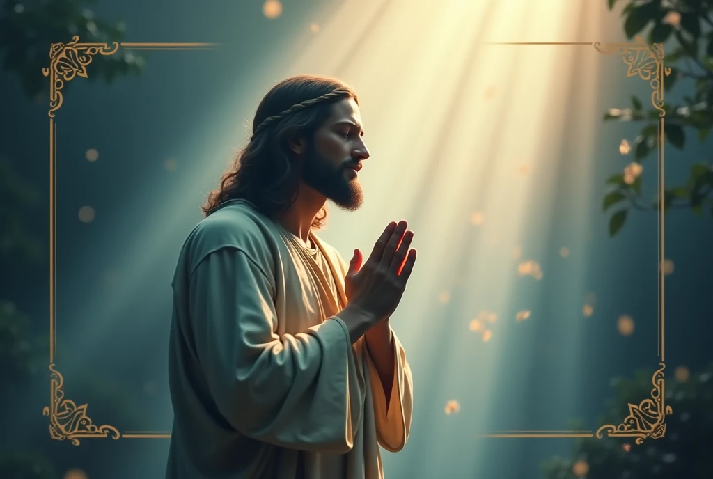 "Create a thumbnail with a central image of Jesus in prayer, with hands together and eyes closed. Add a large, legible text 'Oración de la Mañana' at the top and 'Día Bendecido' at the bottom, using contrasting colors. Include visual elements like sunbeams around the person and use a soft color palette like blue and gold. Don’t forget to add the logo of the channel 'Viviendo la Fe en Oración' in one of the corners."