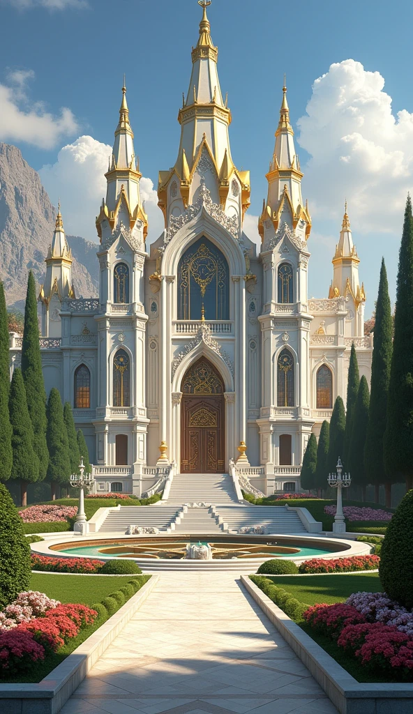 Create a scene depicting the grand palace in Eldoria, a marvel of architectural beauty and opulence. The palace should exude a sense of regal grandeur, with intricate details that reflect its importance as the center of power in the kingdom.Palace Exterior:Architecture: The palace features towering spires that reach toward the sky, each adorned with intricate carvings and golden embellishments that catch the light and shimmer with a radiant glow. The spires are connected by elegant archways, adding to the palace’s majestic silhouette.Facade: The palace walls are constructed of gleaming white marble, inlaid with gold accents and intricate reliefs that depict scenes of Eldoria’s rich history. Massive, arched windows with stained glass mosaics add bursts of color to the otherwise pristine facade. Golden domes crown the towers, reflecting the sunlight in dazzling brilliance.Entrances: The grand entrance is marked by a set of massive, ornately carved double doors made of rich mahogany, inlaid with gold and gemstones. A broad staircase leads up to the entrance, flanked by statues of mythical creatures such as griffins and lions, symbolizing strength and protection.Gardens:Layout: Surrounding the palace are sprawling gardens, meticulously landscaped with symmetrical pathways, manicured hedges, and lush lawns. The gardens are divided into various sections, each with its own theme and design.Flora: The gardens are filled with exotic blooms from across the kingdom and beyond. Vibrant flowers of all colors, from deep reds and purples to bright yellows and pinks, create a tapestry of color that contrasts beautifully with the palace’s white and gold exterior. Delicate orchids, blooming roses, and rare lilies are arranged in elaborate patterns, while towering, ancient trees provide shade and a sense of timelessness.Fountains and Statues: Throughout the gardens, ornate fountains made of marble and gold are placed strategically, with crystal-clear water cascading in graceful arcs.