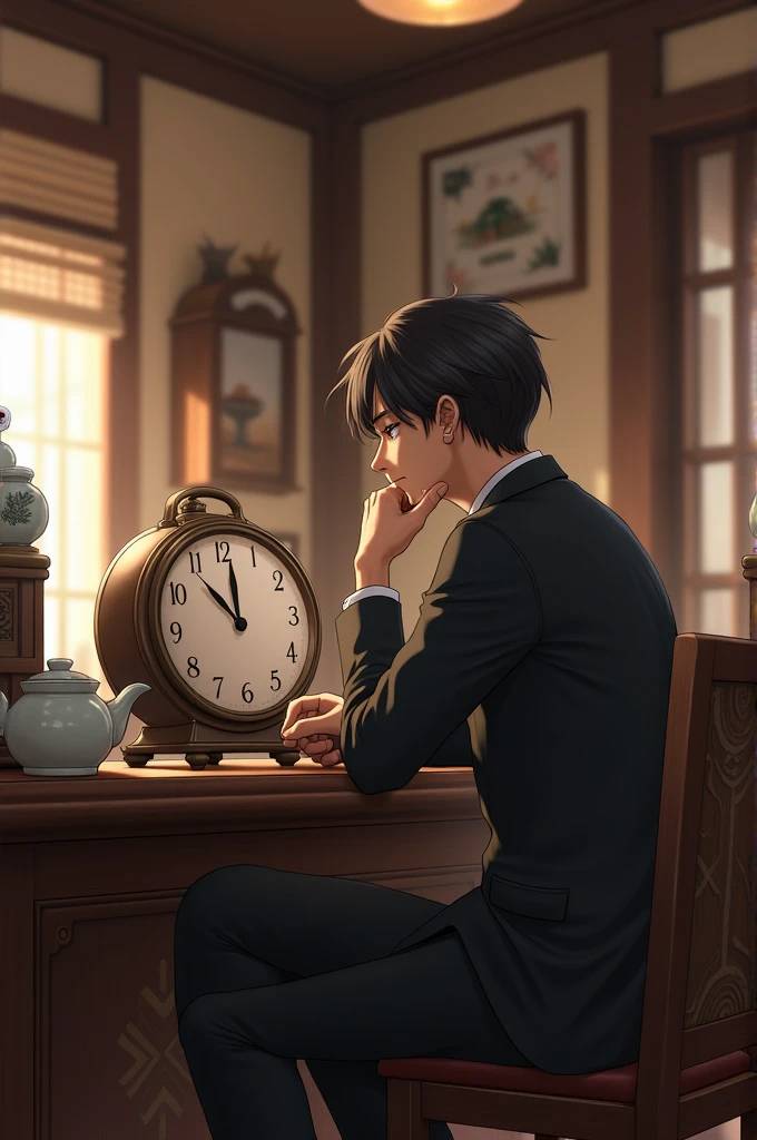 Image of Kesto sitting at a tea shop counter, looking at a clock, and waiting.