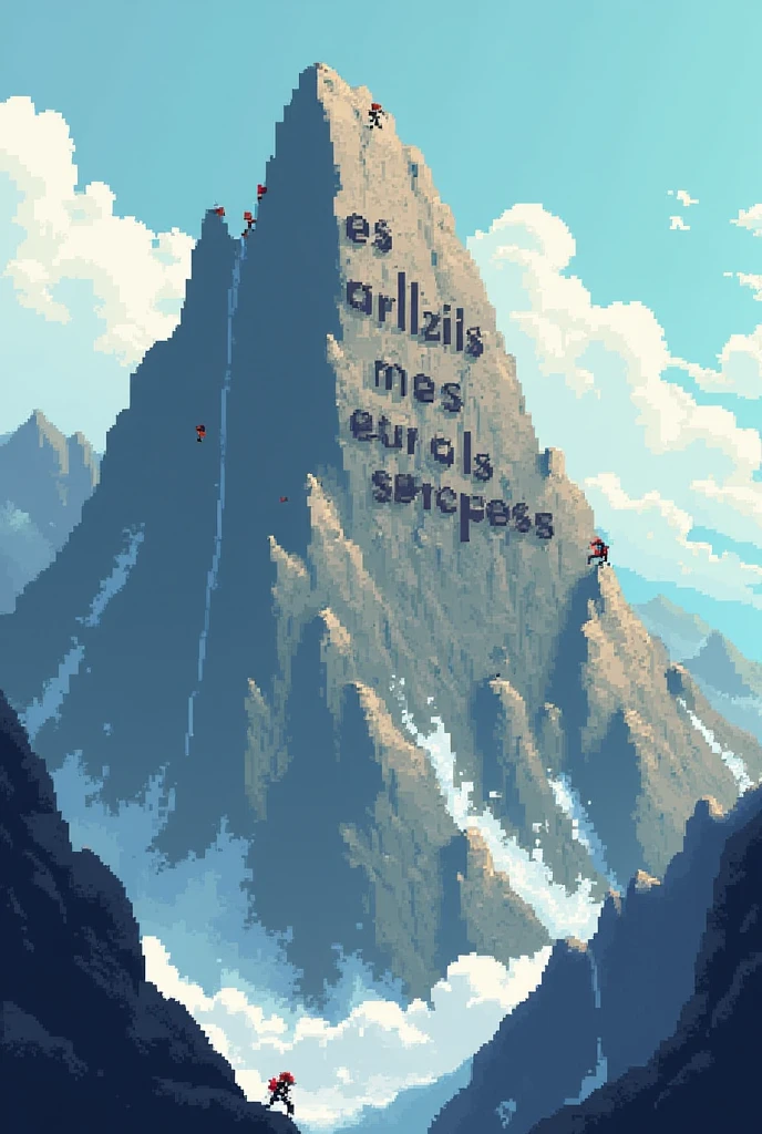 A pixel art style image of a tall, steep mountain, with several people climbing it. People are represented in small sizes and with simplified details., wearing climbing equipment such as helmets and ropes. Some are closer to the base of the mountain, while others are higher up, towards the top.
On the face of the mountain, in large visible letters, is written "Top of Searches". It has to be written in Portuguese"Top of Searches" The letters are integrated into the mountain terrain, looking like part of the rock, and are detailed with a slight shadow effect to make them stand out.
The background of the image is a clear sky with some clouds., to emphasize the height of the mountain. The lighting is soft, with a drop shadow to give depth and realism to the scene. The look should convey the idea of effort and achievement, highlighting the importance of reaching the top.