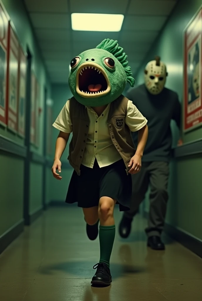 ((Highest quality)), ((photorealistic, hyperrealistic photo, portrait)), (front), (Horror movie title「Jason vs Soraroid」Write:1.2), (Screaming Pufferfish:1.6), (The upper half of the pufferfish is green.), (Short sleeves), ((No hair)), (The Kusafugu has 20% of the facial features of a human female.), (horror movie posters:1.5), ((Jason:1.8)), (クサフグ対Jason), A pufferfish with a very realistic head, A woman with a human body, オフホワイトで襟付きのShort sleevesシャツに薄茶色のベストを着てひざ丈の黒いスカートに濃い緑色の短い靴下と黒の靴を履いてる, Jasonに追われて全力で走っている, Photorealistic images,