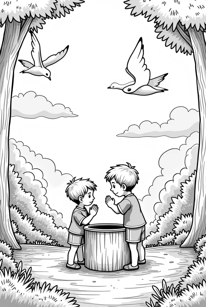 two boys making a wish next to a well in the woods, different plants. Trees, clouds, sun and seagulls in the landscape. Simple line, black and white, without shadow, white background for coloring. Coloring book. WHITE BACKGROUND