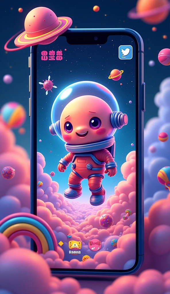 a close up of a cellphone with a cartoon character on it, Weibo, 🚀🌈🤩, 8K)), ☁🌪🌙👩🏾, 8K, Venus Squid Astronaut, Wang Chen, cgstation trends, instagram story, ruan cute vtuber, Hungry Ghost Festival, overlaid with chinese advertisements