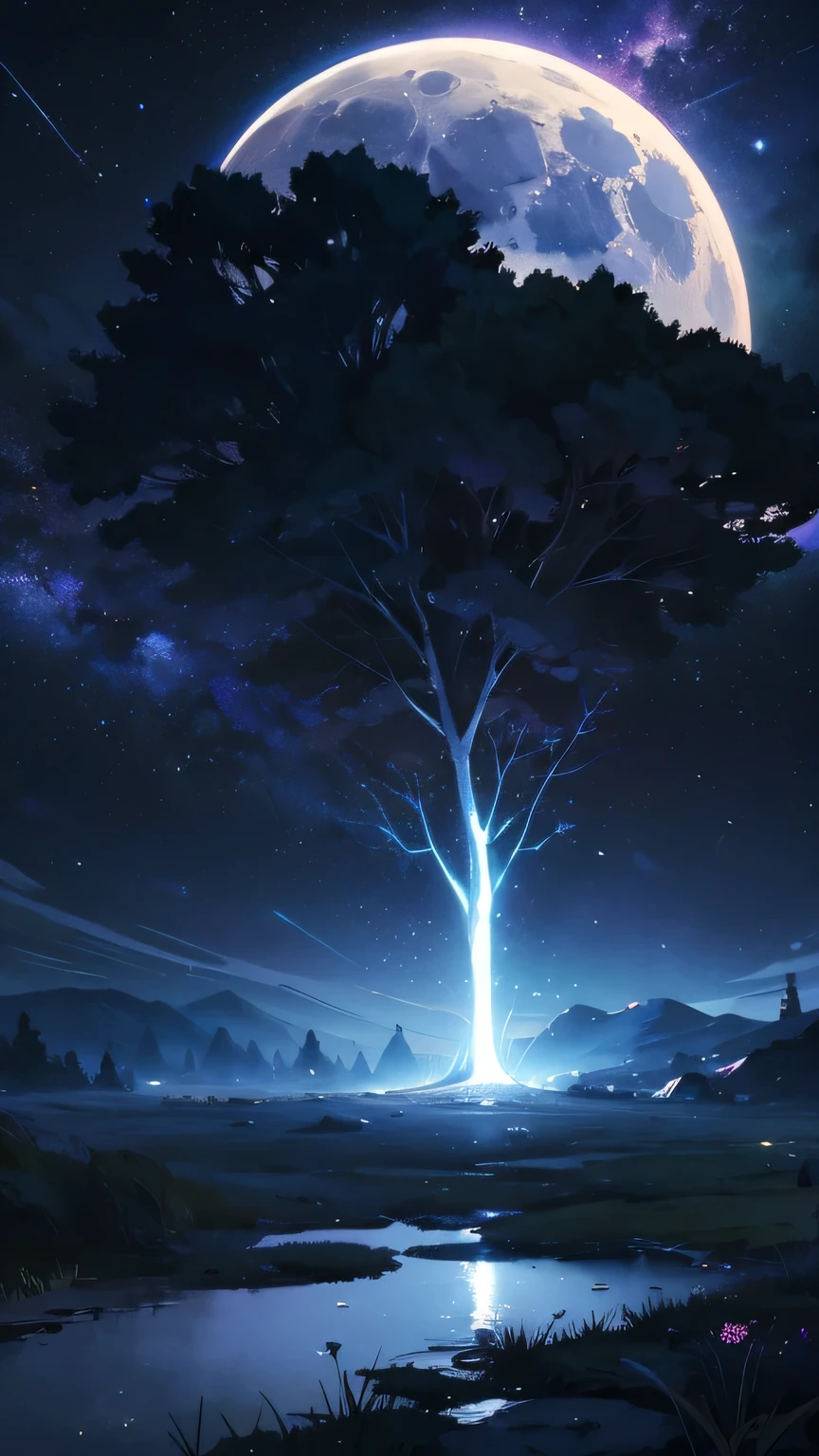 Vast landscape photos、（View from below with a view of the sky and the wilderness below）、grass field、（fullmoon：1.2）、（shooting stars：0.9）、（nebulas：1.3）、mountain in the distance、Tree Break Production Art、(Cool light source:1.2)、Purple and blue、intricate detailes、Volume Lighting BREAK (​masterpiece:1.2)、(top-quality)、4K、ultra-detailliert、（The composition of the movement：1.4）、ighly detailed、（Glowing lighting、Atmospheric illumination）、dream-like、Magical、No people、the blue moon、Person Small