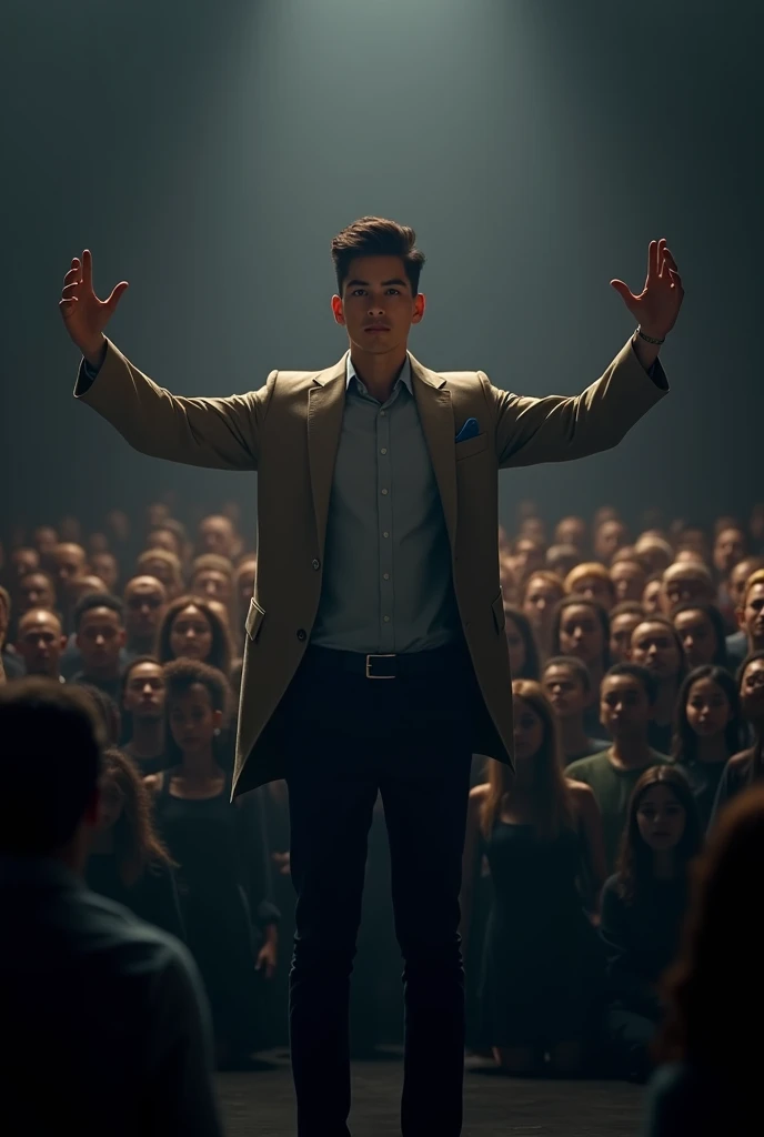 A young man showing man showing proudly his iconic influence on 100 people dark background