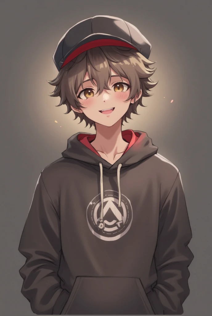 ((A boy)),((Light curly dark brown hair)), ((wearing grey hat)), ((Hat type: Fisherman's hat)), ((Hat flow: grey)), ((Hat design: Simple white smiley face)), ((wearing grey Fisherman's hat with a Simple white smiley face )), ((Brown hair)), ((Race:Hispanic)), ((clothing: Red and black hoodie)), ((wearing a red hoodie)), ((There is nothing on the red hoodie)), (( Basic red hoodie)), ((posture: Make a peace sigh with your hands)),((Happy)), ((Close your eyes)), ((Smile)),((Close your eyes because of Smile)), ((Black pants)), ((Gradient on red and black background)),((clothing上写着❤))