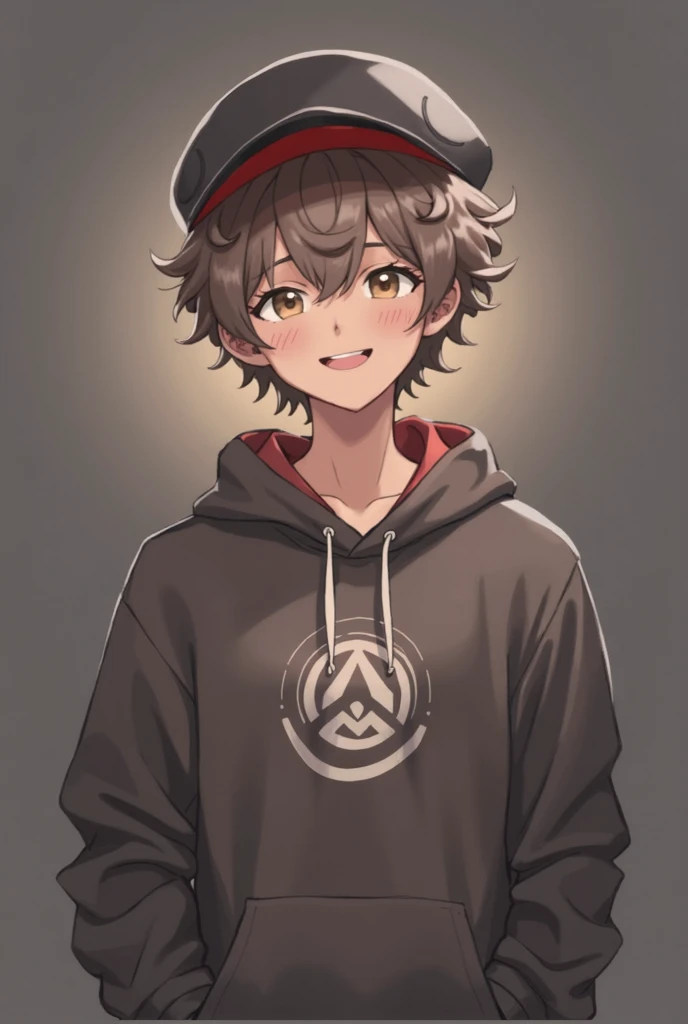 ((A boy)),((Light curly dark brown hair)), ((wearing grey hat)), ((Hat type: Fisherman&#39;s hat)), ((Hat flow: grey)), ((Hat design: Simple white smiley face)), ((wearing grey Fisherman&#39;s hat with a Simple white smiley face )), ((Brown hair)), ((Race:Hispanic)), ((clothing: Red and black hoodie)), ((wearing a red hoodie)), ((There is nothing on the red hoodie)), (( Basic red hoodie)), ((posture: Make a peace sigh with your hands)),((Happy)), ((Close your eyes)), ((Smile)),((Close your eyes because of Smile)), ((Black pants)), ((Gradient on red and black background))，((clothing上写着❤））