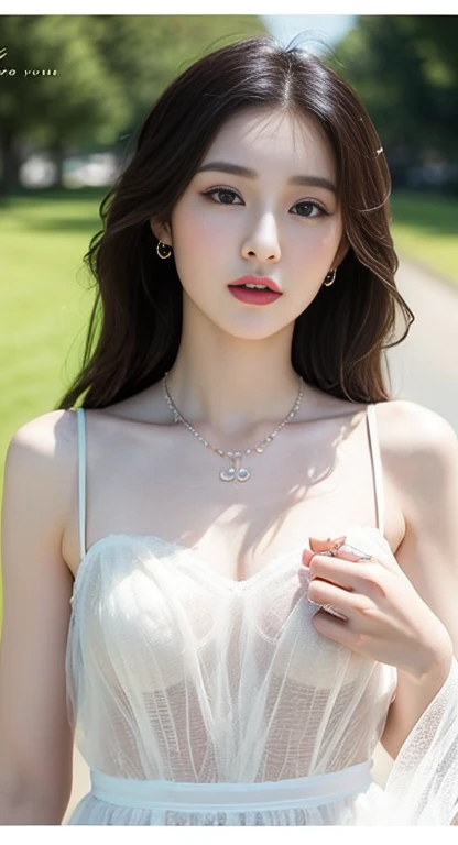 The image is a black and white text that appears to be a description of a necklace. The text is written in a cursive style and is accompanied by a picture of a necklace. The necklace is described as having a "sweetheart" shape, and the text goes on to describe the various details of the necklace, including the lace and the tulle-like fabric. The text also describes the person wearing the necklace, stating that they are also wearing a "delicate" necklace with a "symmetrical" design. The text concludes by suggesting that the background of the image is outdoors, with bare trees.