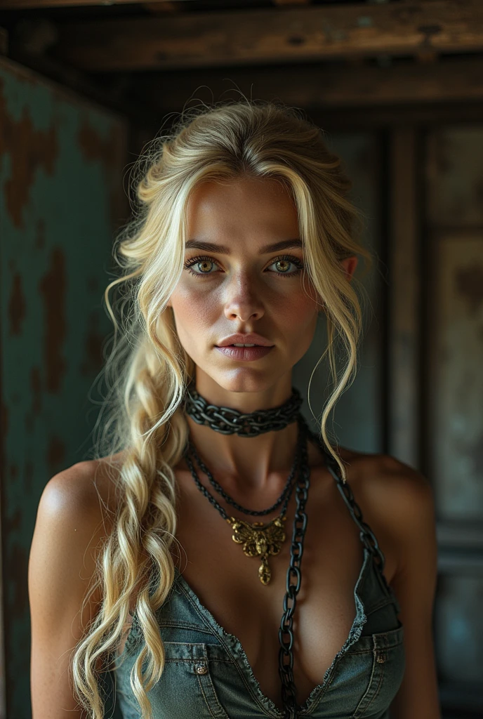A blonde woman with golden threads, 20 year, Sansa Stark style, chained, thick and strong currents, holding your neck, legs and arm, standing.
In front of him a 30 year old man, strong and tall style Jhon snow.
The young girl has one blue eye and one red eye. They are inside a cabin.
