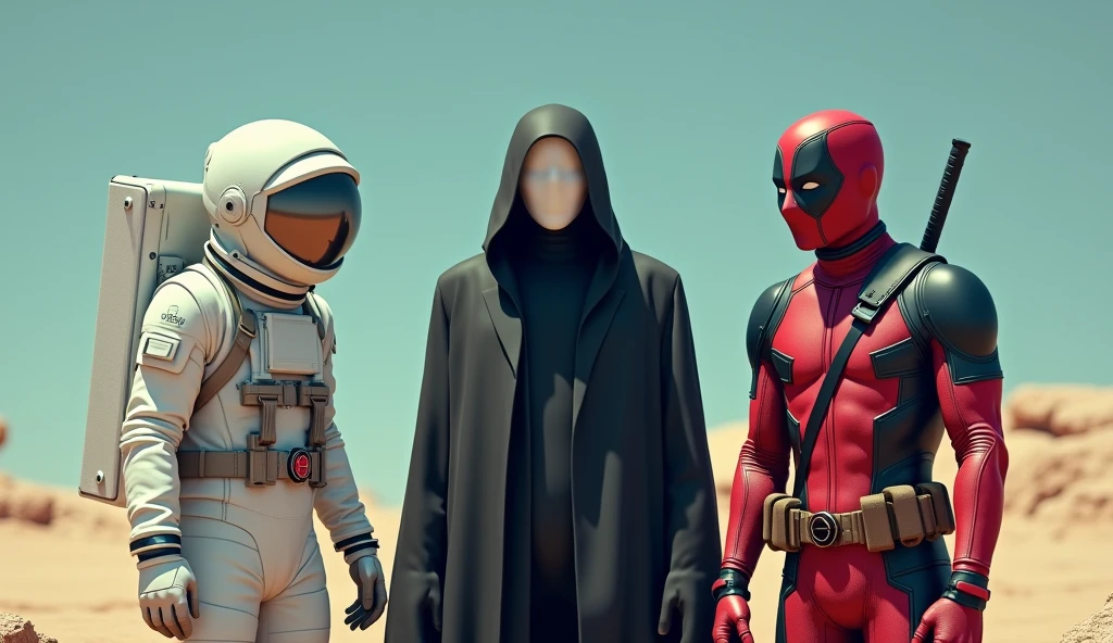1 space suit guy, 1 guy with no face just a white face with no facial things or eyes wearing black suit, and a guy wearing Deadpool suit