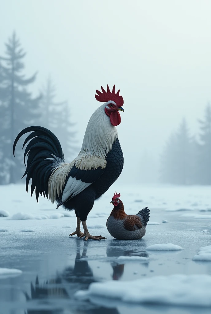 The rooster and the hen on freezing water